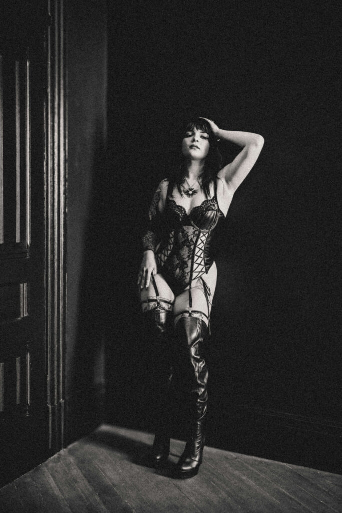 Luxury fantasy boudoir portrait inspired by gothic vampire fashion and fine art photography.