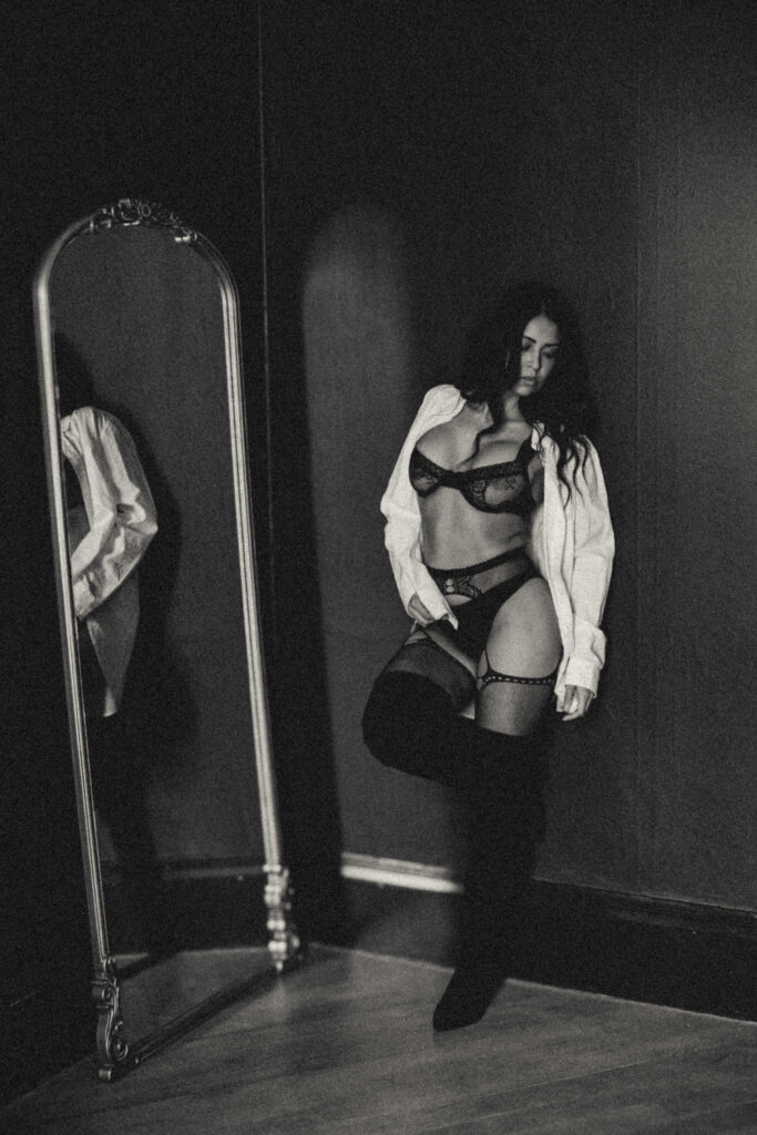 Editorial boudoir portrait in a private Northern California studio.